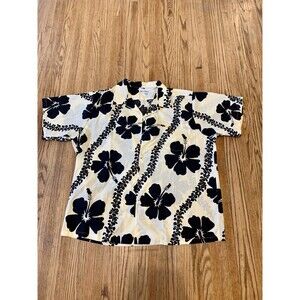VTG Hawaiian Shirt Made in Hawaii USA 3XL Cotton Black Cream Floral Button Short